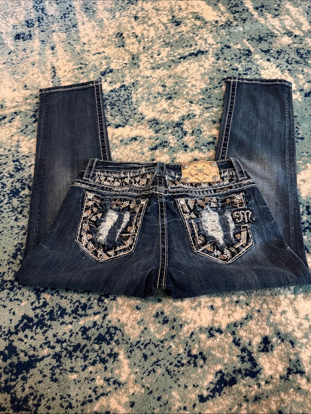 Miss Me Dark Blue Embroidered Rhinestone Ankle Jeans